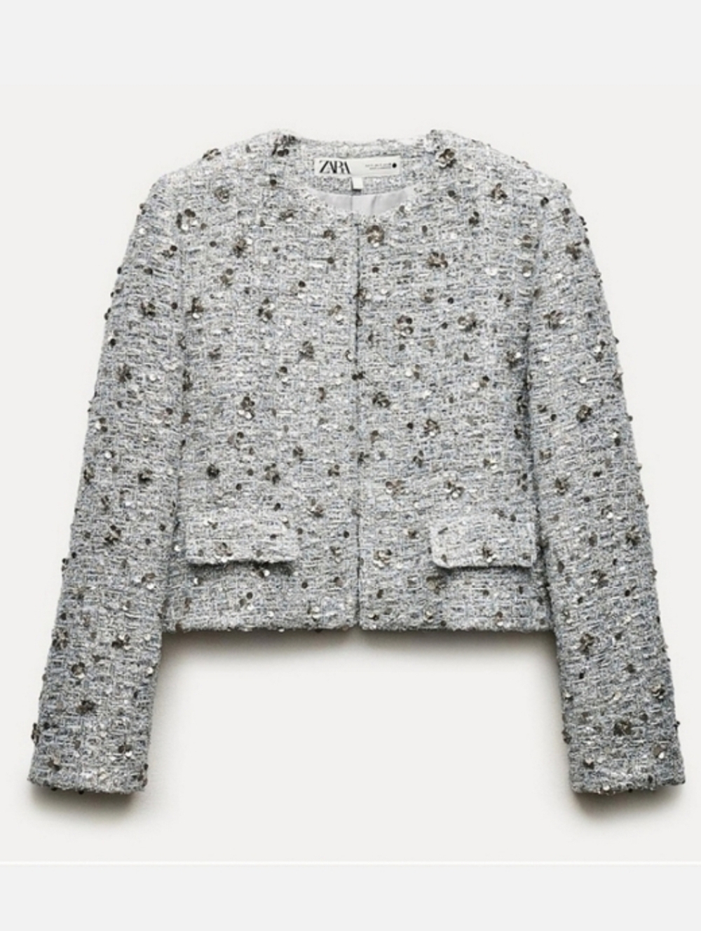 Zara tweed textured sequined blazer  silver gray size XL - Picture 10 of 14